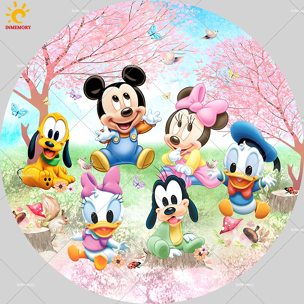 Spring theme Mickey and His Friends Round Backdrop Cover for Baby Shower Decoration Minnie Party Photo Background Table Banner