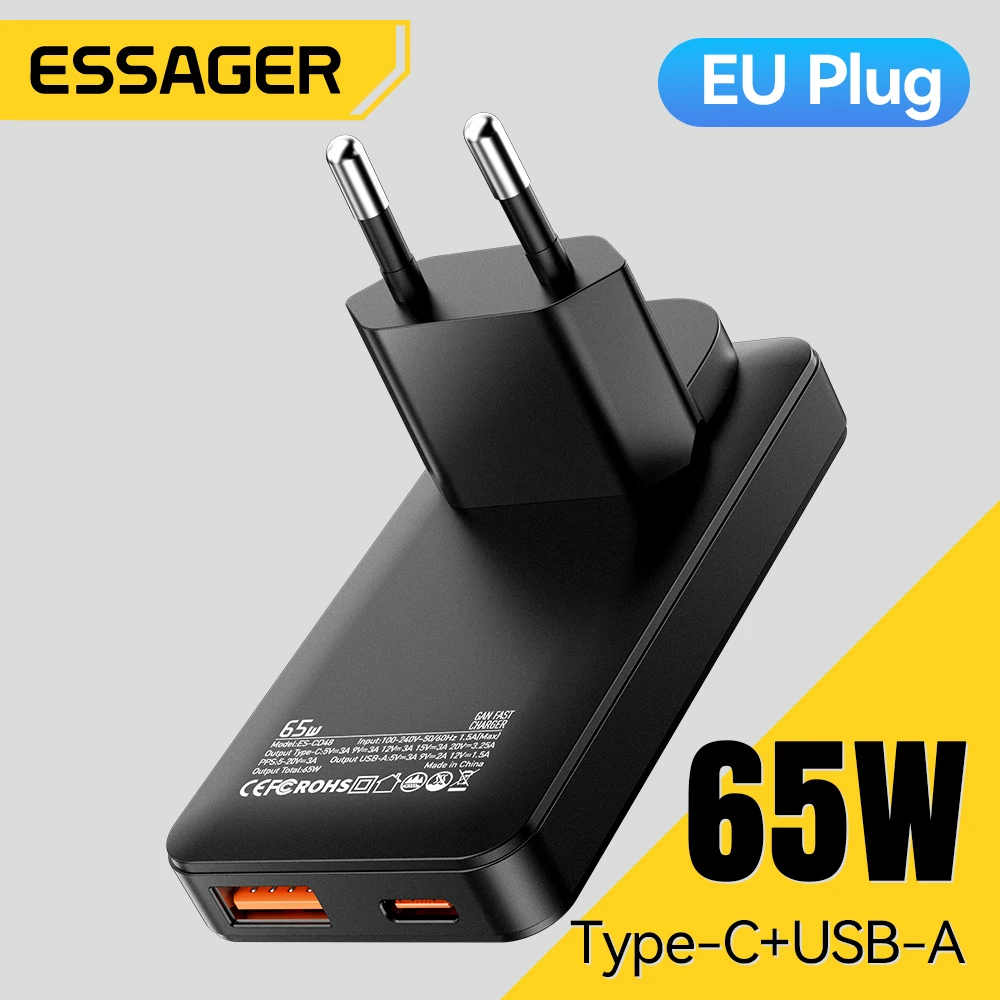Essager Ultra Thin 65W GaN Charger Fast Charge PPS PD3.0 Portable USB Type C Charger For iPhone 17 16 Huawei Macbook Pro Laptop