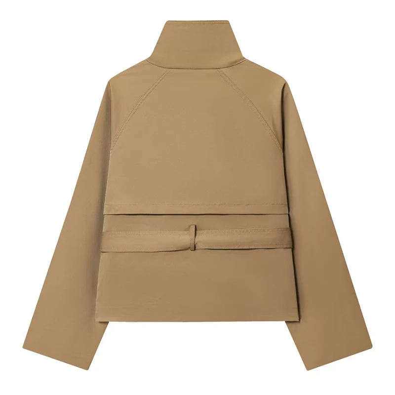 Stehkragen Kurzen Graben Mantel Frauen Mode Zweireiher Schärpen Crop Windjacke Frau High Street Langarm Jacke