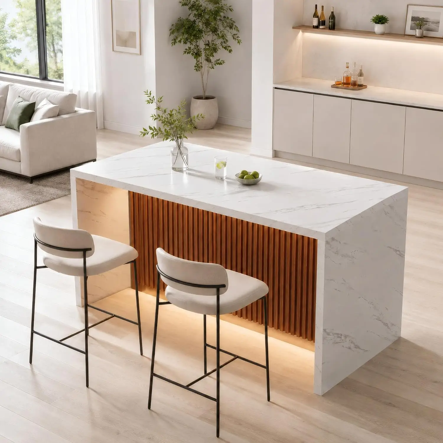 59" Marble Dining Table for 4-6 People, Modern Kitchen Island Table with Grille & LED Lights, White, Customized