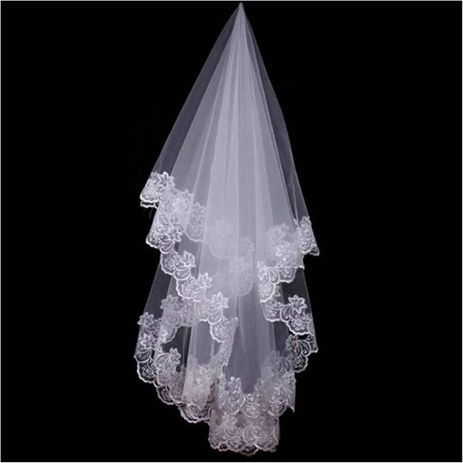 

Wedding Bridal Veil with Comb 1 Tier Lace Applique Edge Ivory Fingertip Length