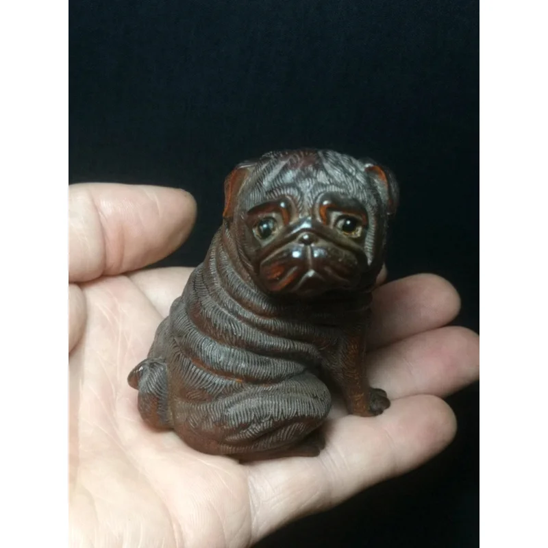 Chinese boxwood hand carved lovely dog figurine statue desk decoration collectable Gift