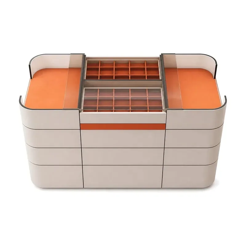 Modern walk-in closet island jewelry display case with glass top, LED lights and drawers