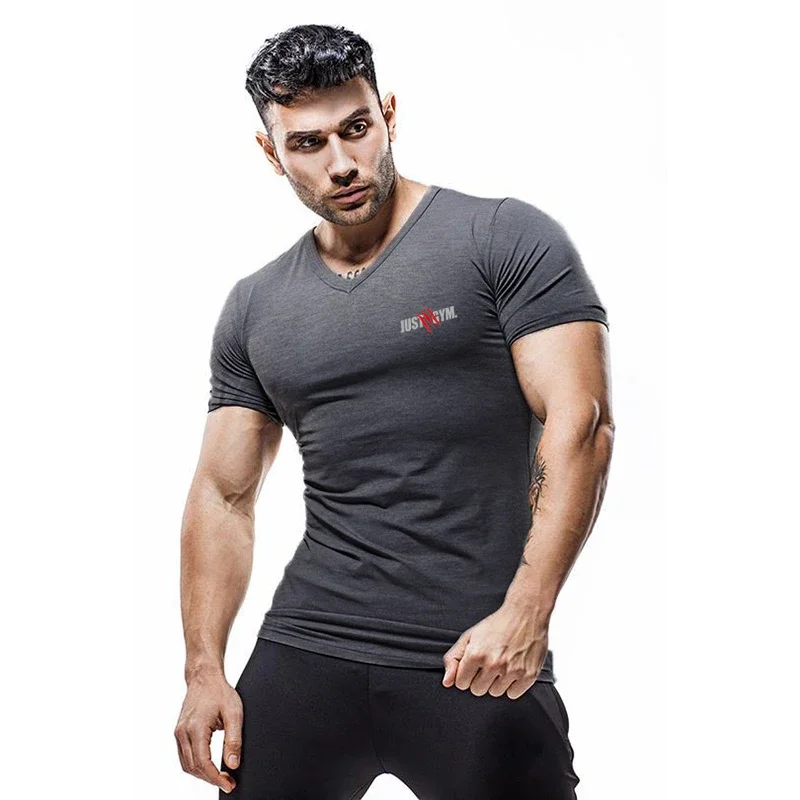 Men Casual Fashion V-neck TOPS Cotton Breathable Short Sleeve T-Shirt Gym Bodybuilding Fitness Training Slim Fit Shirts