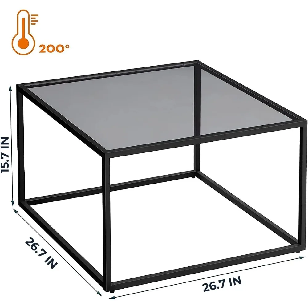 گلاس کافی ٹیبل، چھوٹی جدید کافی ٹیبل مربع سادہ مرکزی لونگ روم ٹیبل 26.7 x 26.7 x 15.7 انچ، آف سیاہ