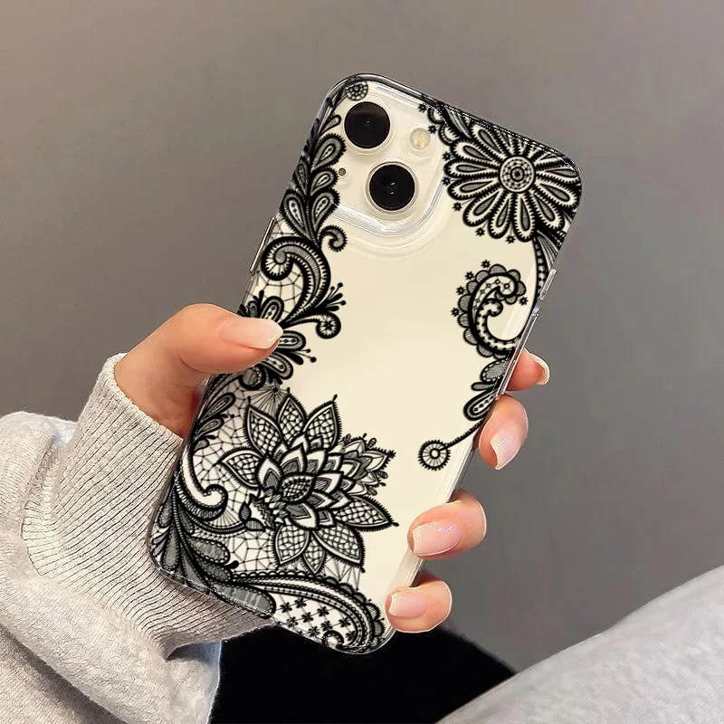 Phone Case For Samsung Galaxy S24 Plus A36 A55 S23 S26 S25 Note 20 Ultra A54 A56 A34 Transparent Trendy Black Lace Flower Cover