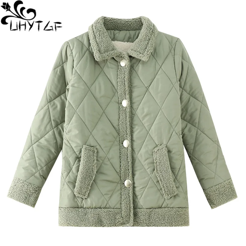 

UHYTGF Middle-Aged Mother Winter Cotton Jacket Female Casual Warm Fleece Parker Coat Women's Single Breasted Short Overcoat 2396