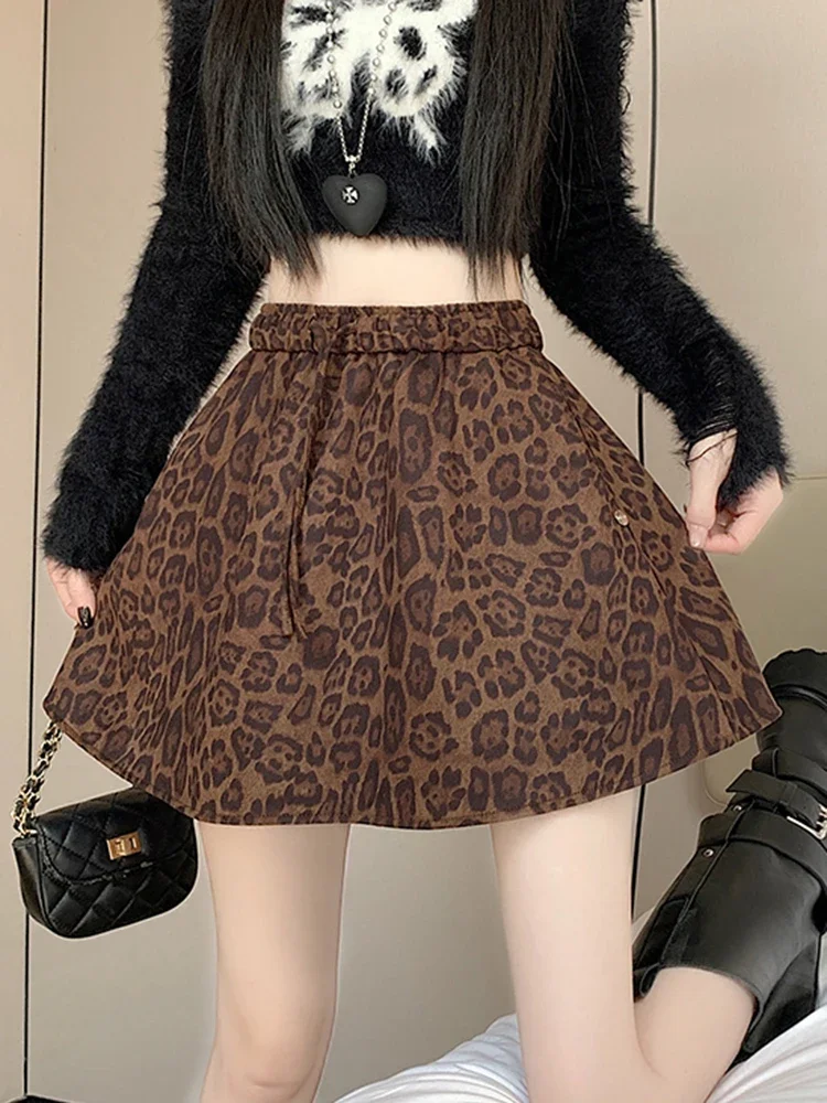 Y2K Vintage Leopard Mini Skirt Women High Waist Faux Suede Fabric A Line Skirts Streetwear Fall Winter Loose Sexy Skirts