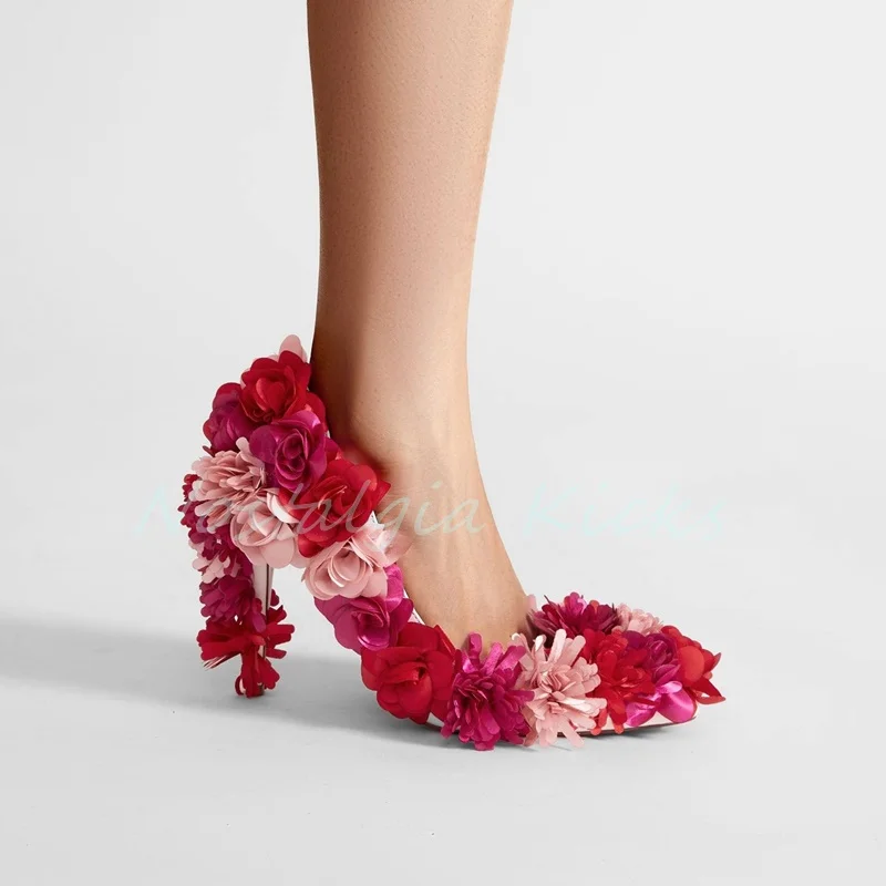 

Floral High Heel Handmade Pumps Colorful Flower Decorated Party Wedding Shoes Evening Fashion Soft Fabric Female Footwear