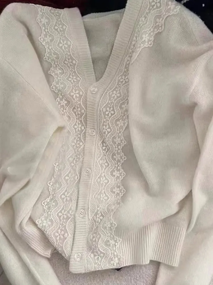 Nuovo design con giunture in pizzo lavorato a maglia V-Ne Long Sve Maglione Casual Chic Cardigan da donna Comodo pendolarismo Sle Coreano Ver...
