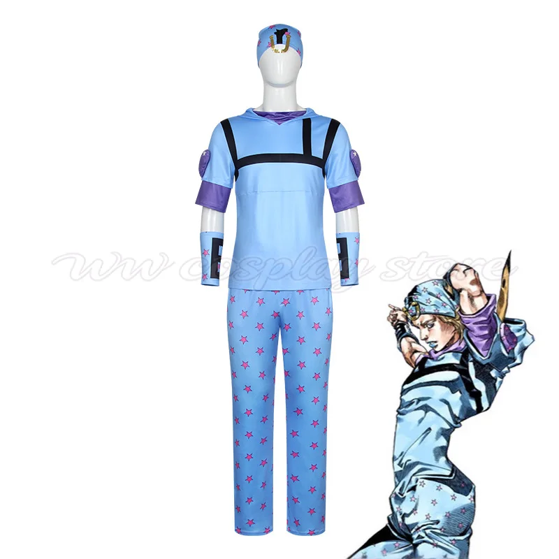 Anime Johnny Joestar Cosplay Kostüm Steel Ball Run Blaues Oberteil Hose Hut Kompletter Anzug für Halloween Rollenspiel Bühnenauftritt Event