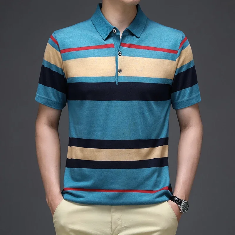 2026 Summer New Men's Knitted Stripe Short Sleeved POLO Shirt Comfortable and Cool Casual Fashion T-shirt