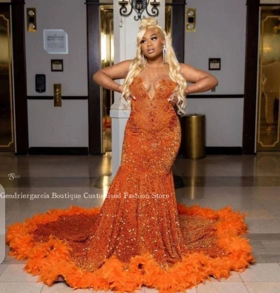 Bright Orange Mermaid Prom Dress 2024 Luxurious Sheer Mesh Long Sleeve Diamond Beaded Feather Black Girls Birthday فساتين سهرات