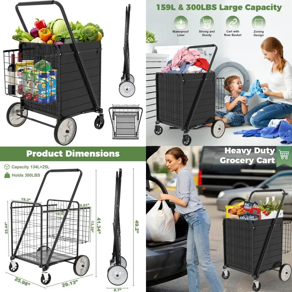 Robuster zusammenklappbarer Einkaufswagen für Lebensmittel – großes Fassungsvermögen mit 360° °   Schwenkräder, Hinterräder aus Metall, wasserdichtes Design