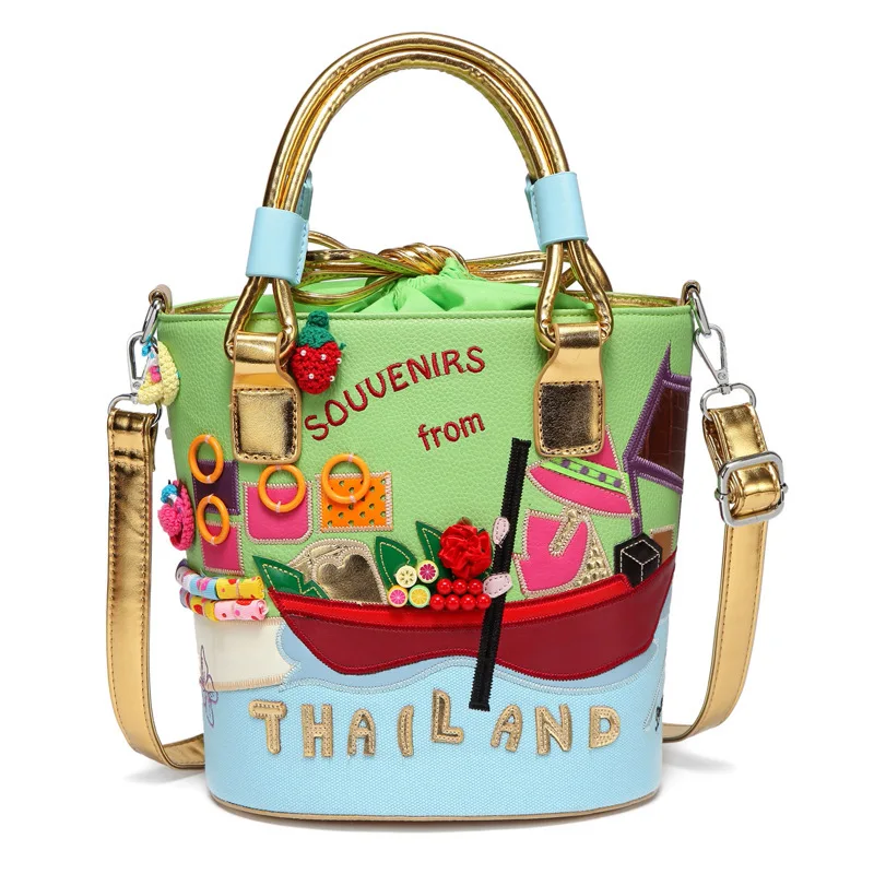

Fashion Cartoon Embroidered Bucket Shape Women Purses and Handbags Designer Leather Shoulder Bag Female Tote Bag High Quality