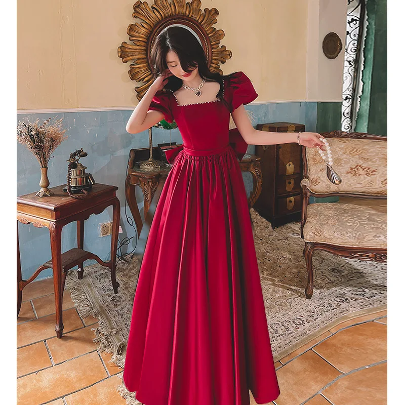 Bridal Toast 2024 Summer New Burgundy Engagement Daily Fashion Lady on The Run Princess Satin Dress