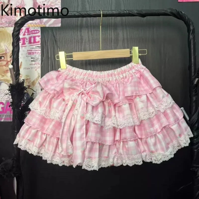 Kimotimo Kawaii Bow Print Fluffy Mini Skirt Women Japanese Cute Elastic Waist A-line Lace Cake Skirts Summer Sweet Y2k Faldas