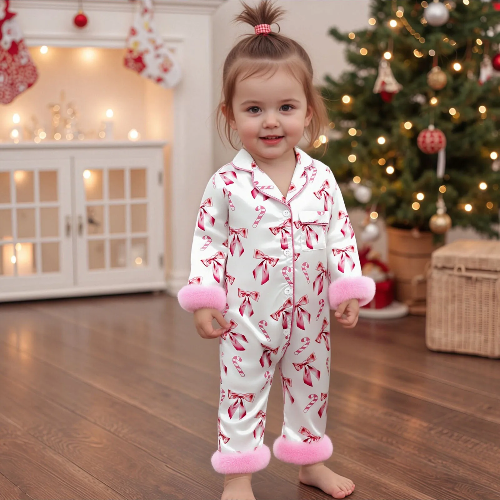 Baby Girls Christmas Satin Pajamas Long Sleeve Turn Down Collar Santa Claus Bow Print Button Up Furry Cuffs Hem Sleepwear