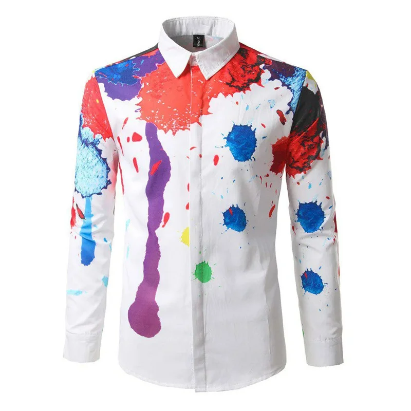 Mannen En Vrouwen Universele Graffiti Kleur 3d Bedrukt Revers Shirt Met Lange Mouwen 2024 Mode Casual Grappige Vier Seizoenen Heren Top