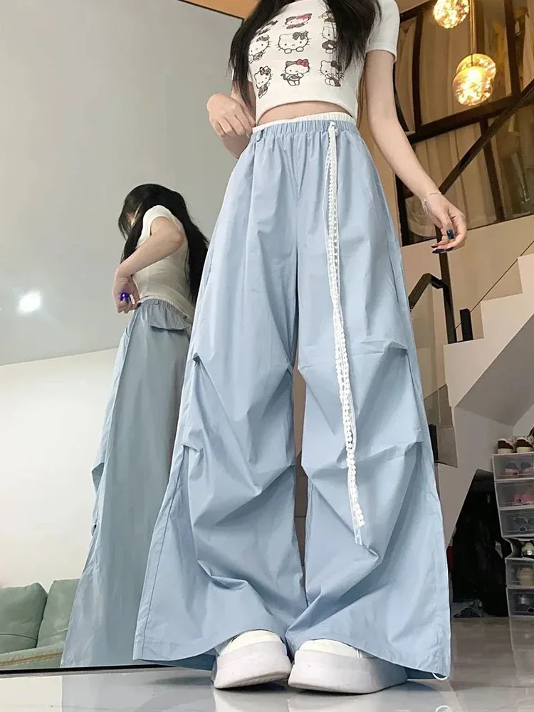

Zoki Lace Bow Cargo Брюки Женские Высокая Талия Свободные Синие Брюки Повседневные Винтажные Корейские Женские Летние Широкие Брюки Ретро Новые