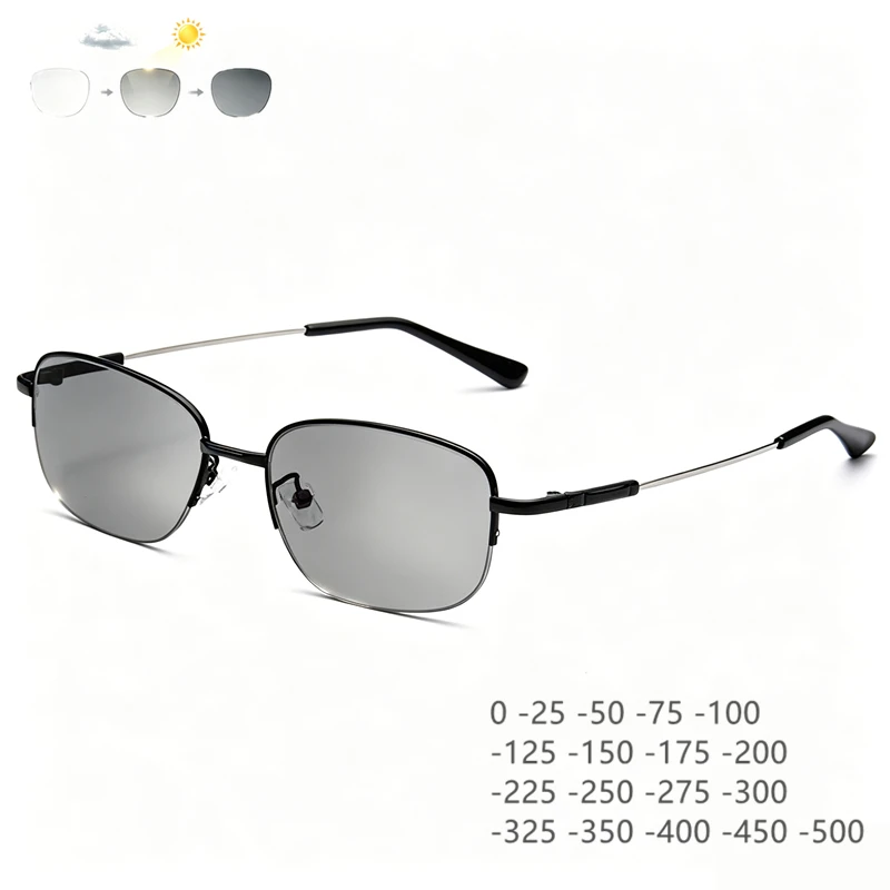 Myopia Glasses, Photochromic Non Spherical Resin Lenses, Men's Classic Half Frame Glasses Frame, Multifunctional Myopia