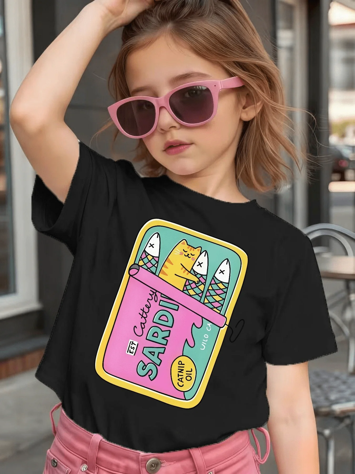 Cartoon Cat Sardine Can Letter Print T Shirt Soft Cotton Short Sleeve Boys Girls Parent Child Summer Cute Trendy Daily Wear Tops