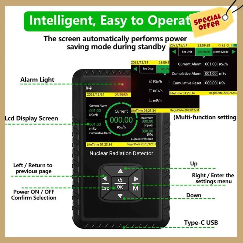 Stable Performance-Geiger Counter Nuclear Radiation Detector - Portable Handheld Beta Gamma X-Ray Radiation Monitor Meter With L