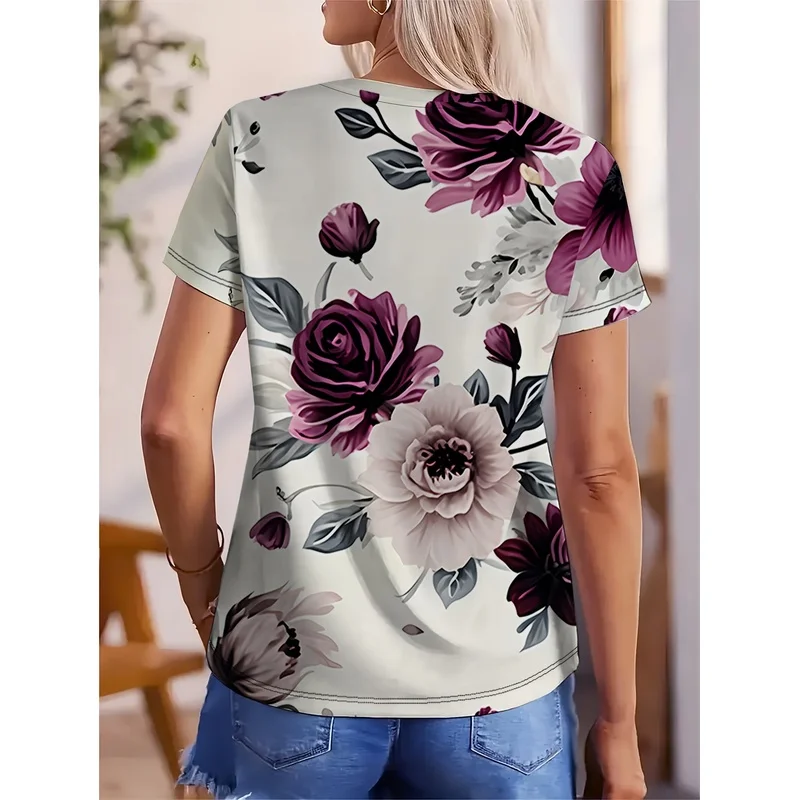 Women's Elegant V-Neck Short-Sleeve T-Shirt - Soft Pink And Magenta Blossoms Watercolor Floral Print on Cream Background