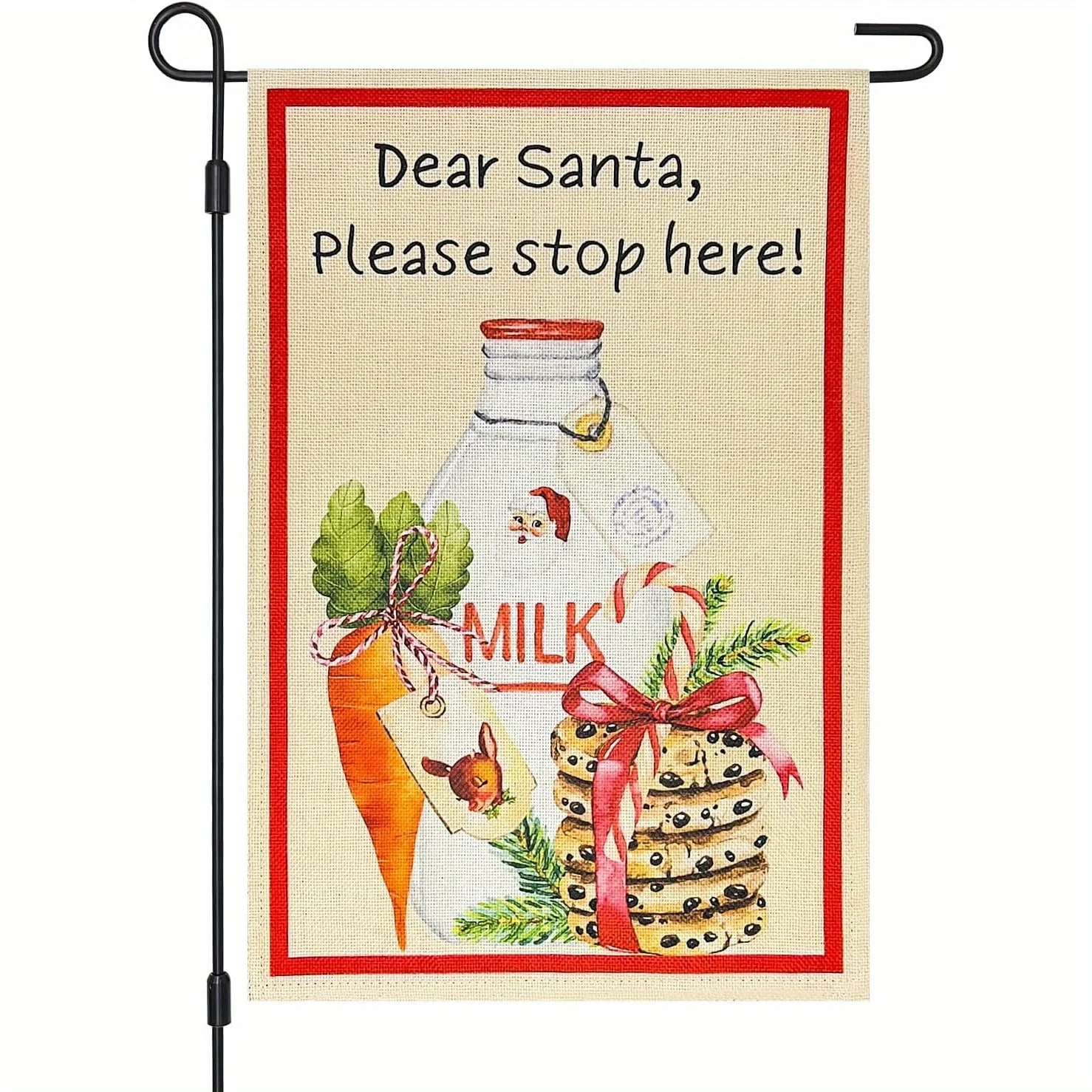 Dear Santa Please Stop Here Double-Sided Christmas Garden Flag Outside Yard Decoration with Santa Milk Jug Cookies