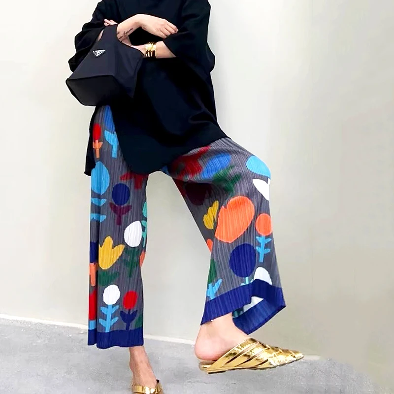 Y2k Streetwear Women Fashion Summer Wide Leg Pants Pleated Ice Silk Trousers Elastic Waist Loose Casual Pants SL082