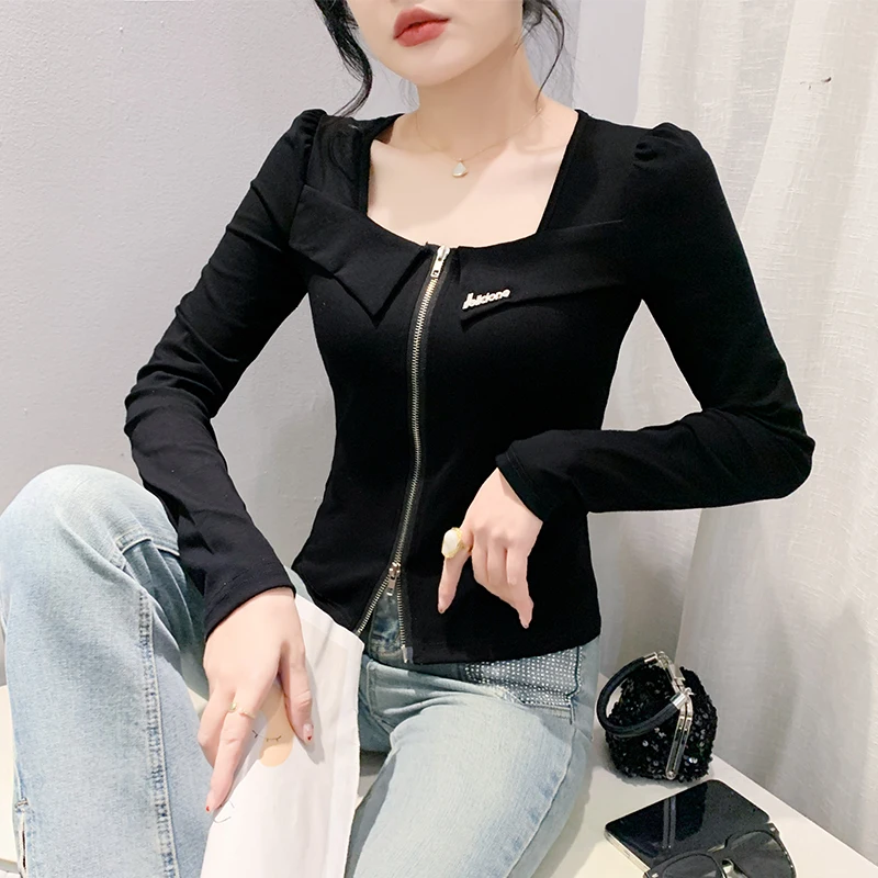 Faionable Bla White Striped Women's Long Sve T-irt Sexy Square Collar Zipper Slit Slim Fit Versatile Base irt