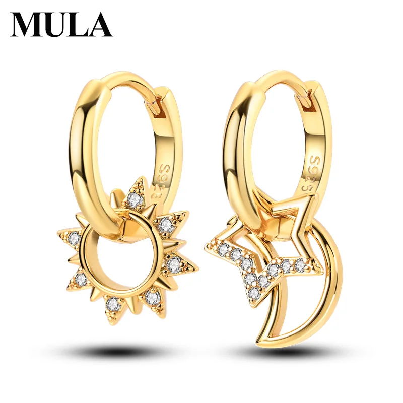 MULA 925 Sterling Silver Golden Sun Moon Star Hoop Earrings For Women Ladies Female Party Wedding Engagement Fine Jewelry Gifts
