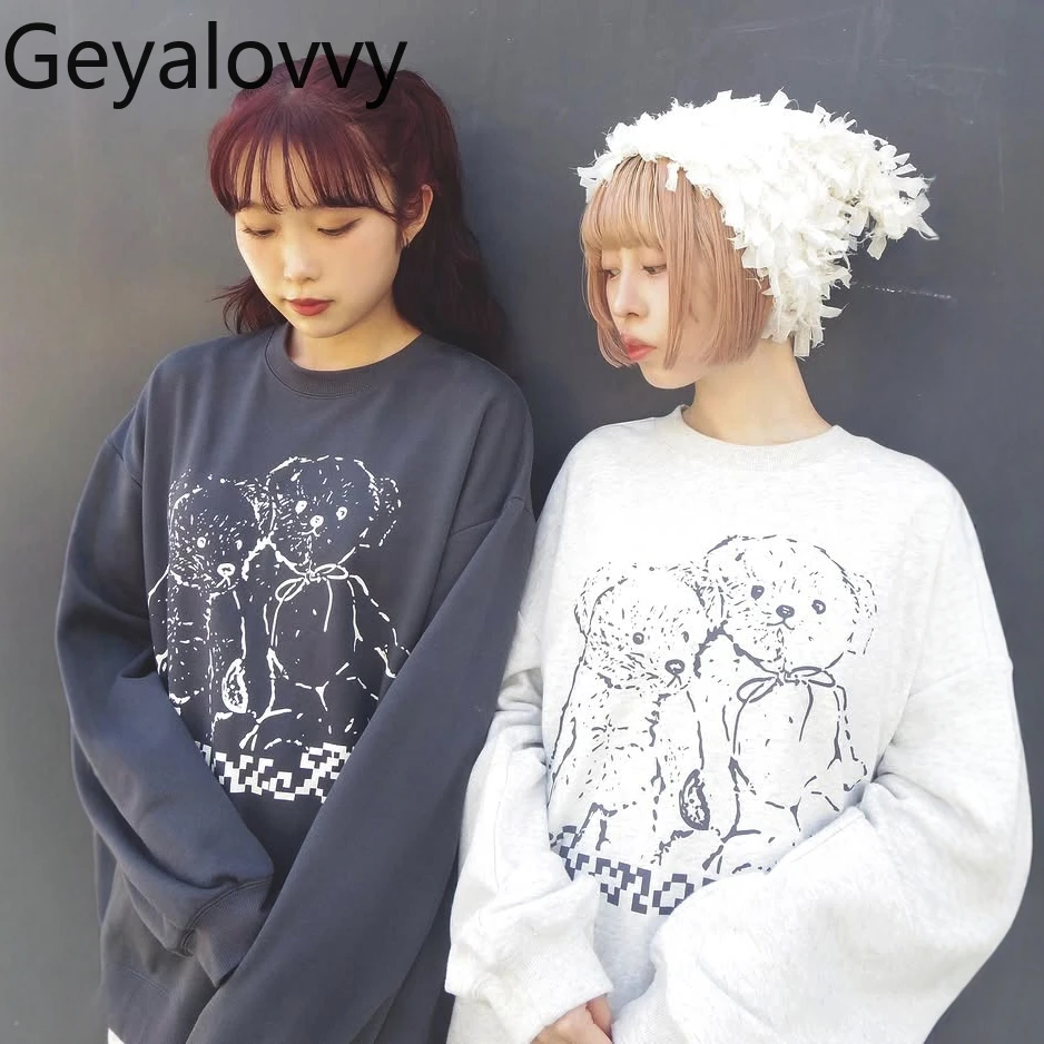 Słodkie, uniwersalne bluzy z kapturem z nadrukiem kreskówkowym, luźny krój, jesień-zima, nowa bluza z okrągłym dekoltem, długi rękaw, frotte, dla kobiet.