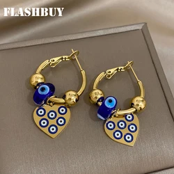 FLASHBUY Stainless Steel Turkish Devil Eye Heart Pendant Earrings For Women Fashion Ear Buckle Waterproof Jewelry