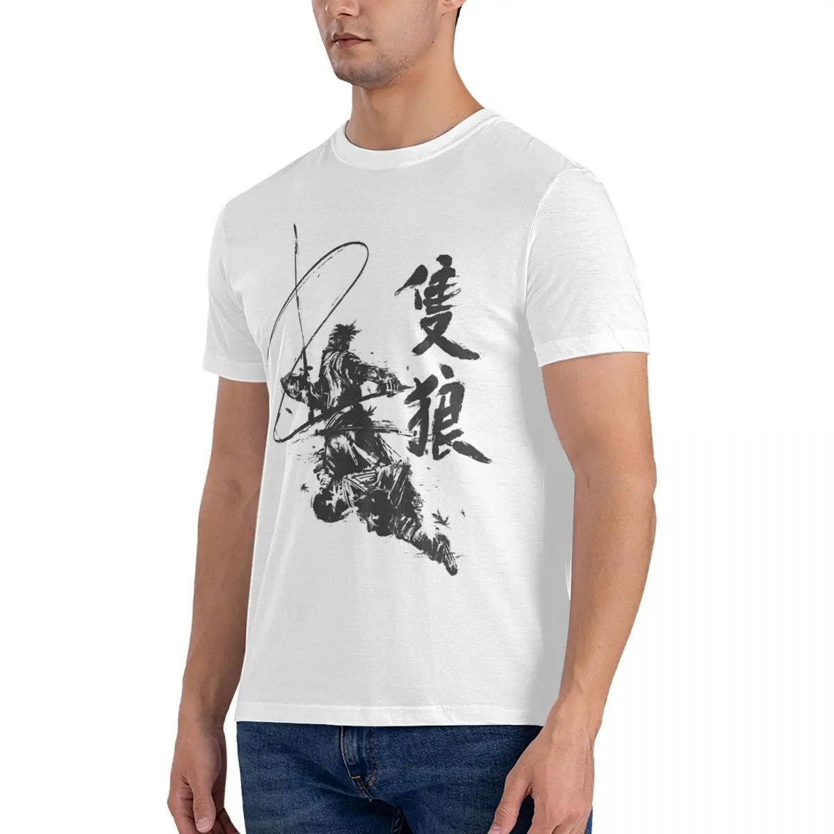 Men's One Armed Wolf T Shirt Sekiro Pure Cotton Tops Vintage Short Sleeve Round Neck Tee Shirt Printed T-Shirts