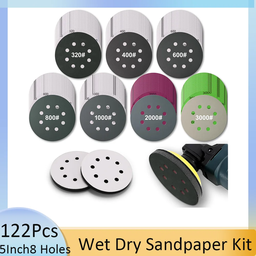 

5 Inch 8 Holes Wet and Dry Sandpaper Kit with Interface Pads 320-3000 Assorted Grits Sanding Pads Assortment for Car Wood Metal