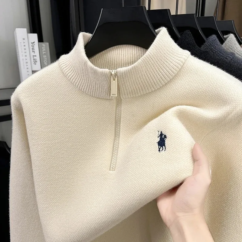 Bild 3: Hochwertiger Reißverschluss-Stehkragenpullover für Herren, Wintermode, Designer-Marke Paul, Logo-Stickerei, Samt, warmer Strickpullover
