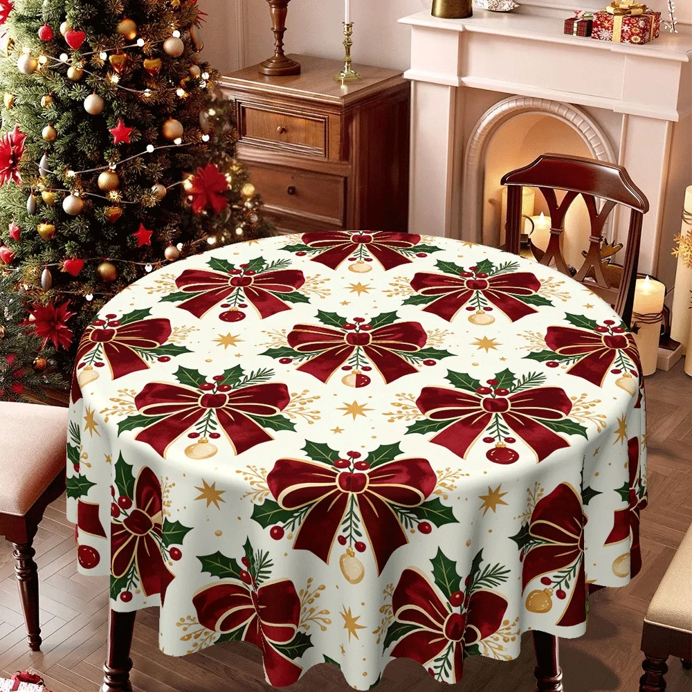 Jit, 1pc 2D flat Merry Christmas, retro bow holly print round tablecloth