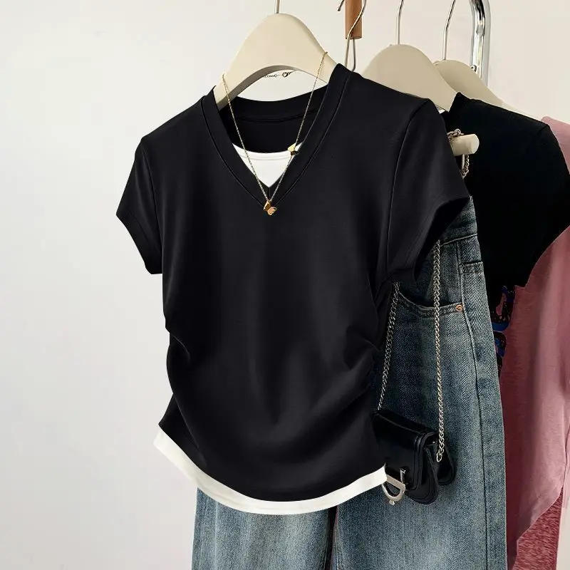 New Summer Women's V-neck Pleated Irregular Simple Slim Fit Short Sleeved T-shirt Fake Two Piece Shirt Sexy Versatile Style