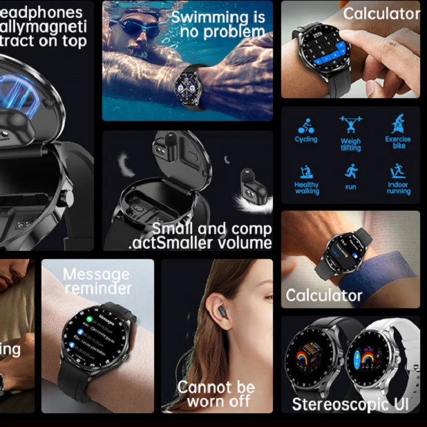 TWS Noise Reduction Headset 2 In 1 Smart Watch NFC Heart Rate Sports Waterproof Headphone Watches Blue Tooth Call Smartwatch