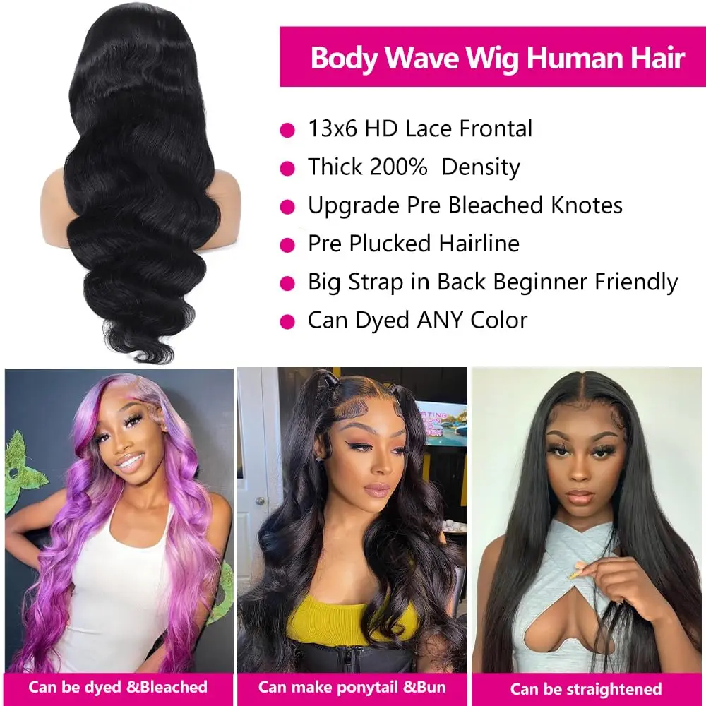 波状のかつら,人間の髪の毛,自然な色,HDレース,密度200%,1b,13x6インチ