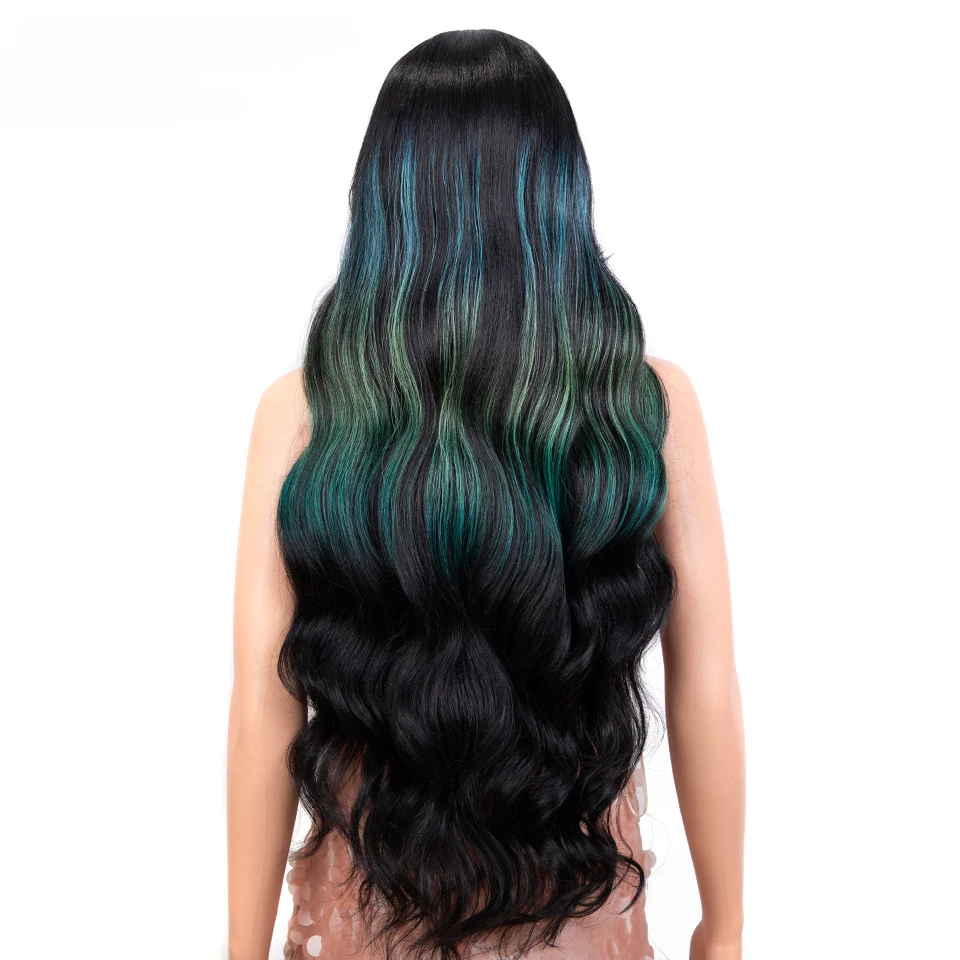 Parrucca anteriore in pizzo 34 pollici Ombre arcobaleno Glueless con Cosplay per capelli del bambino per le donne parrucche in pizzo a onde profonde