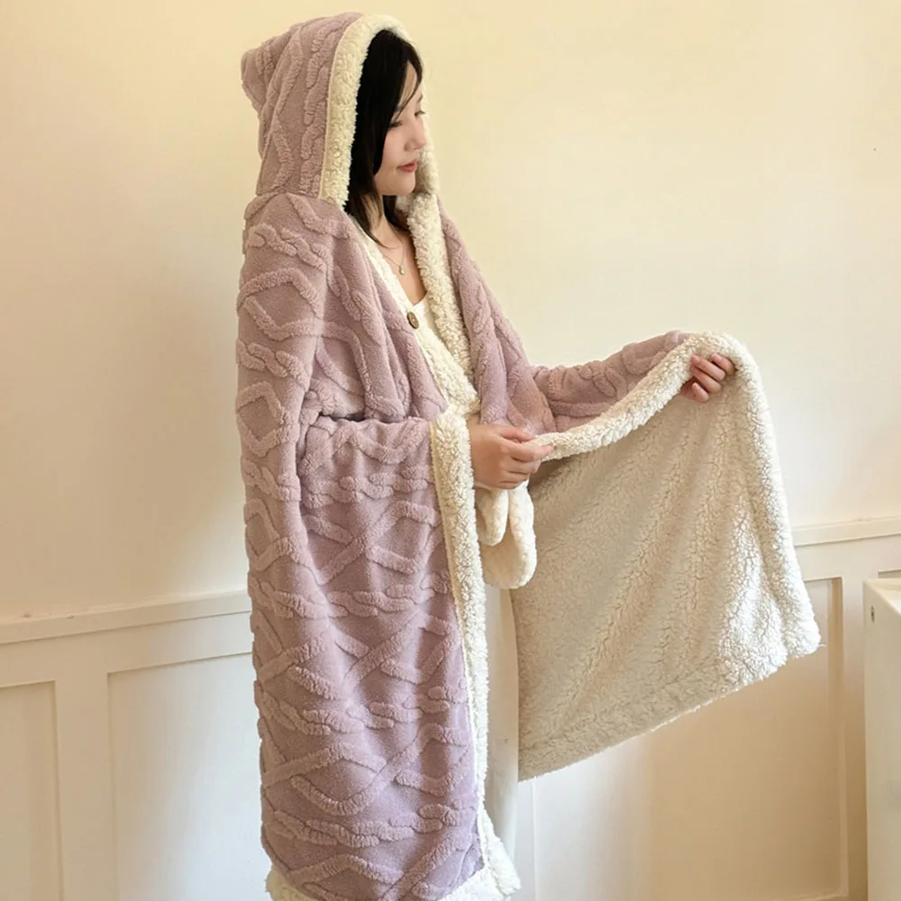New Hooded Shawl Blanket Warm Cape Wearable Blanket Embossed Texture for Home Office Nap Outdoor Travel Women Warm Throw Blanket