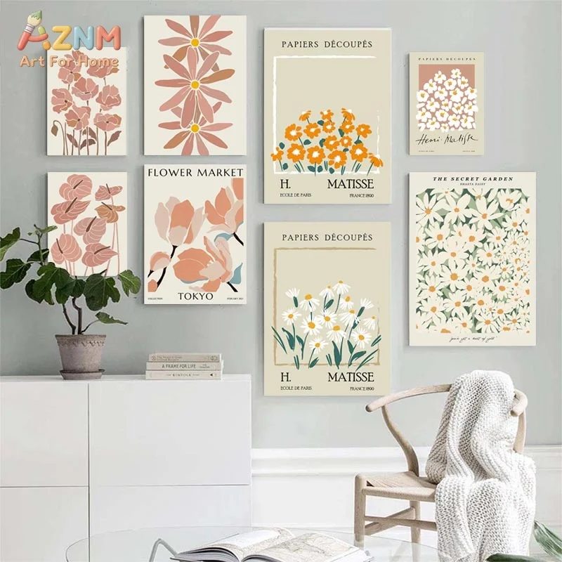 AZNM Frameless Canvas Wall Art, Neutral Matisse Cutout Floral Print, Tokyo Flower Market Pastel Magnolia Daisy Botanical Poster view 3