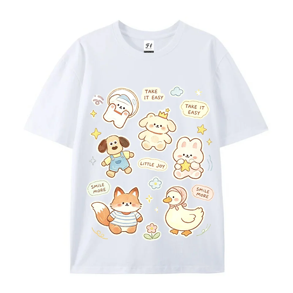 Unisex Cute Cartoon Animal Collage Graphic T Shirt Little Joy Take It Easy Print Tees Kawaii Dog Rabbit Fox Duck Casual Tee