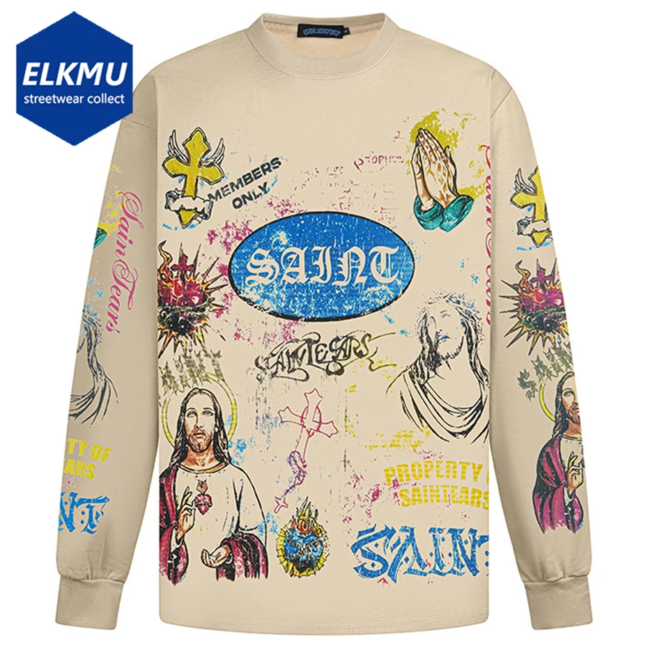 

Vintage Oversized Men T Shirts Gods Cross Graphic Hip Hop T-shirts Loose Long Sleeve Cotton Tee Tops Unisex Hipster Tshirts