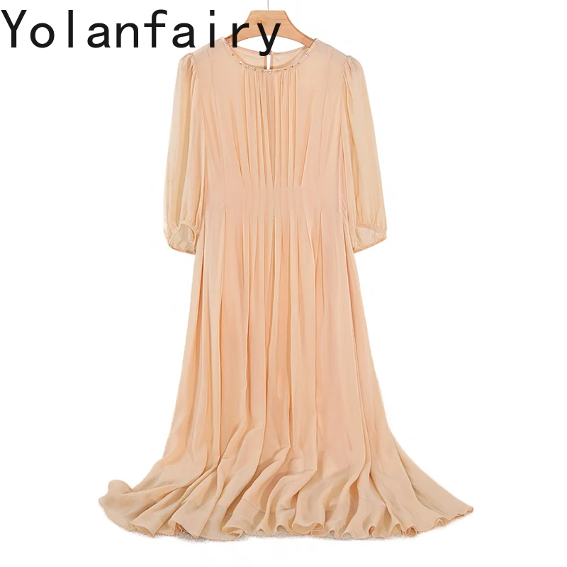 

YOLANFAIRY, новое платье из 100% натурального шелка тутового шелка для женщин, весна-лето, нежный стиль, элегантные женские платья, длинное платье с круглым вырезом