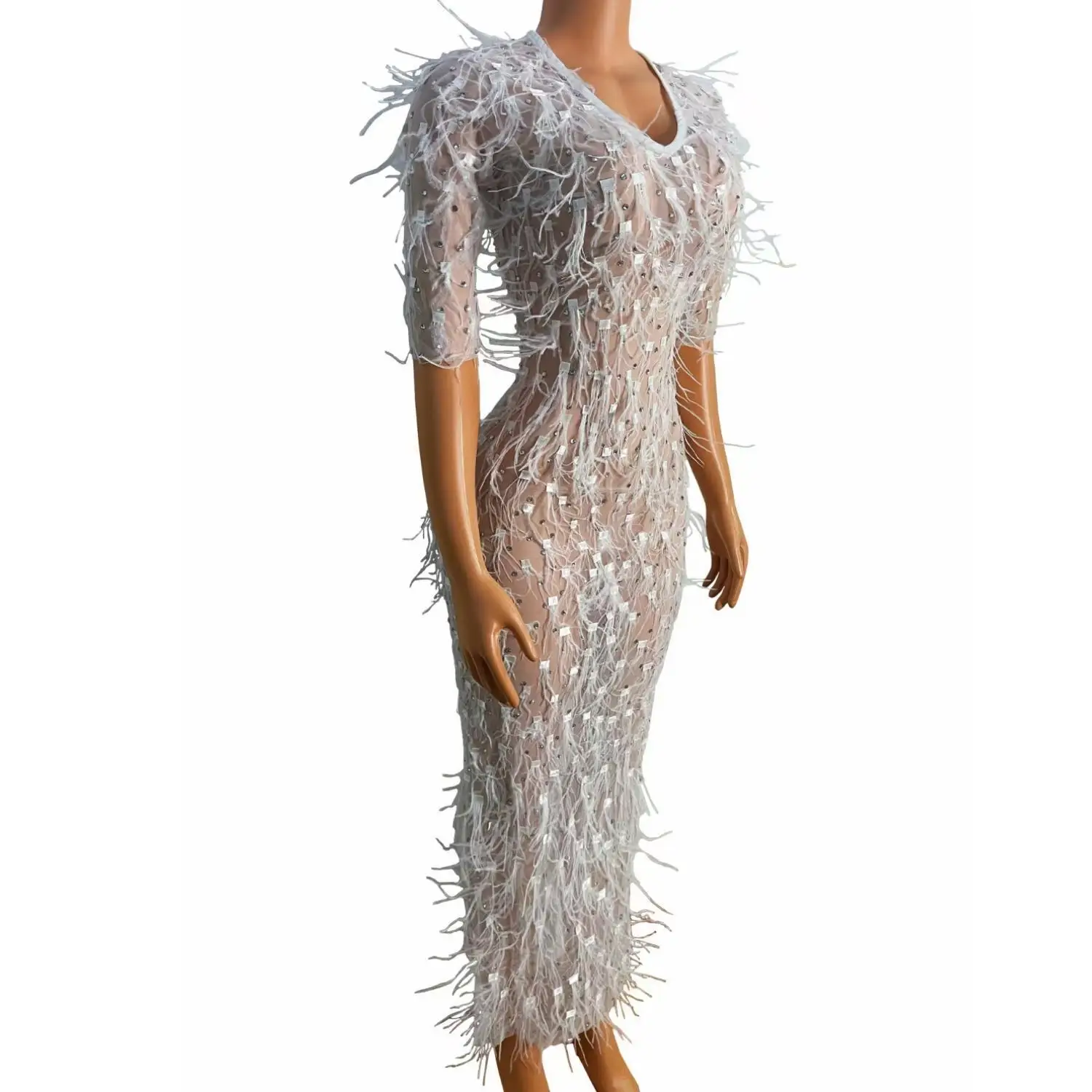 Baitang Womens Luxury White Feather Sequin Sheer Mesh Midi Dress Half Sleeve V Neck Bodycon Formal Evening Party Cocktail Gown