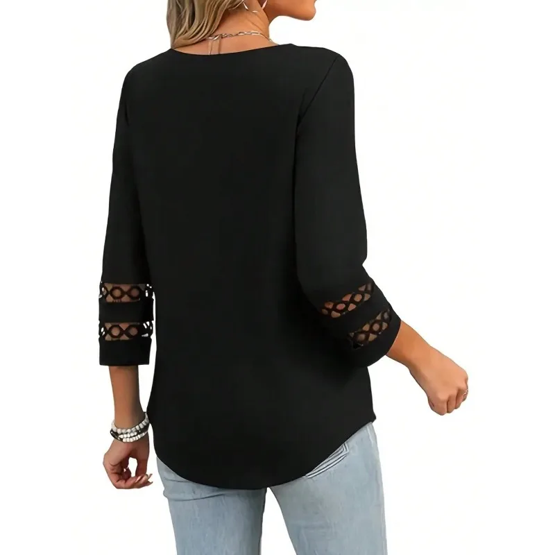 Plus Size 1XL-5XL  Autumn Women's Solid 3/4 Sleeve Hollow Out V-Neck Blouse Tops Ladies Casual Holiday Pullover