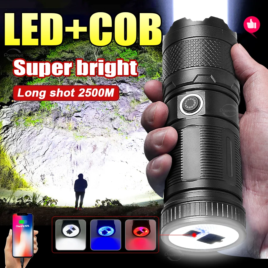 

LED+COB High-Power White Laser LED Flashlight Tactical Torch 18650 USB Rechargeable Camping Fishing Emergency Use Zoom Lantern